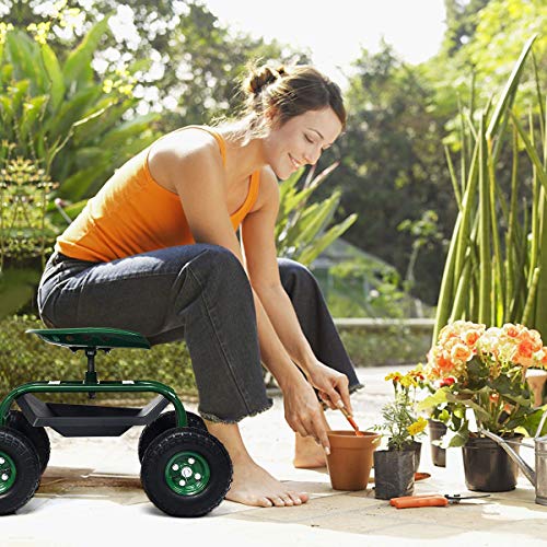 Goplus Garden Cart Gardening Workseat w/Wheels, Patio Wagon Scooter for Planting, Work Seat with Tool Tray and Basket (Length Adjustable Hook Handle)