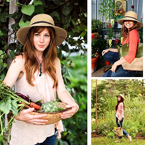 Womens Wide Brim Sun Hat with Wind Lanyard UPF Summer Straw Sun Hats for Women